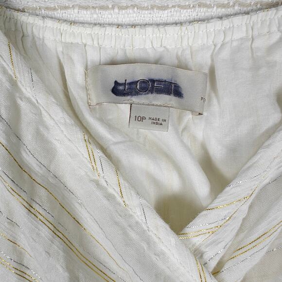 Loft White Gold & Silver Striped Summer Dress w/ Pockets Size 10P NEW - Picture 6 of 9